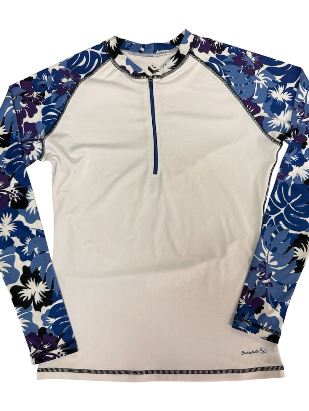 BURNSIDE LONG SLEEVE RASHGUARD WOMENS TOP WHITE BLUE FLORAL SLEEVES SIZE MEDIUM